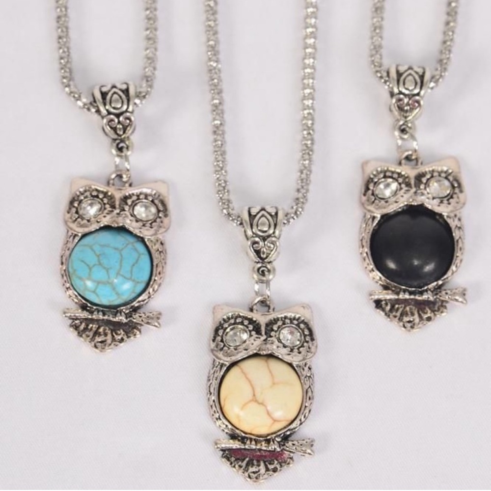 Owl Semiprecious Stone Necklace Boho Vintage
